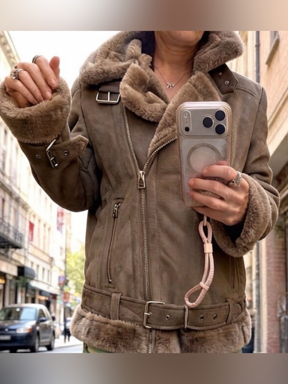 Topshop Taupe Faux Shearling Moto Jacket